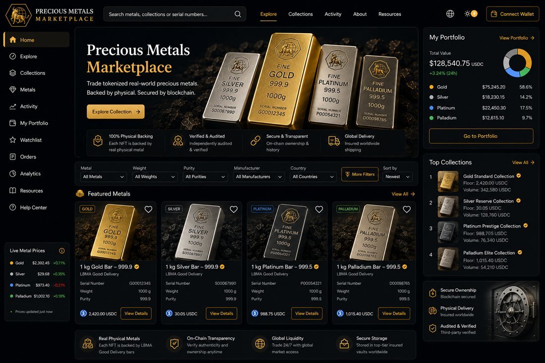 Bull-Mint precious-metals marketplace dashboard: tokenized gold, silver, platinum and palladium bars with serial numbers, live metal prices and a portfolio overview